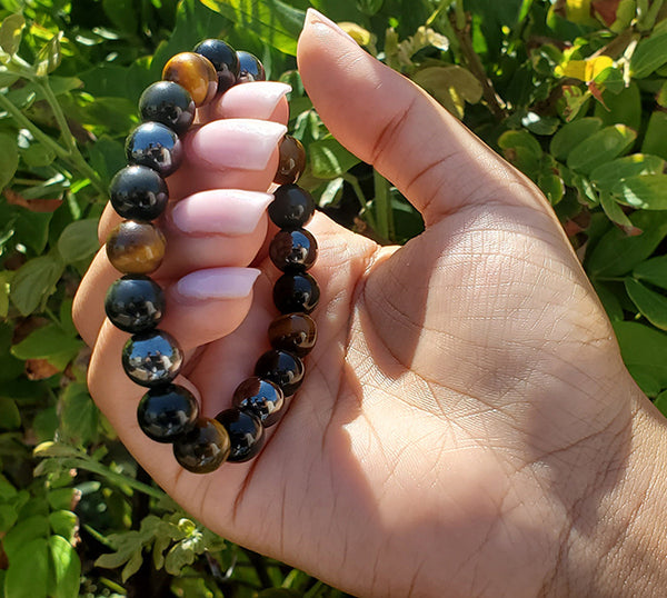 Unisex Wristband with Brown Tiger Eye, Hematite, & Black Obsidian