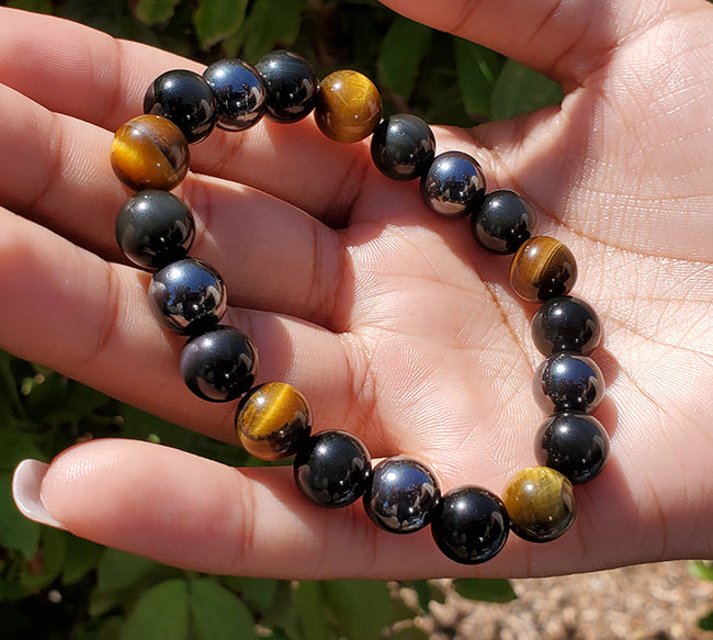 Unisex Wristband with Brown Tiger Eye, Hematite, & Black Obsidian