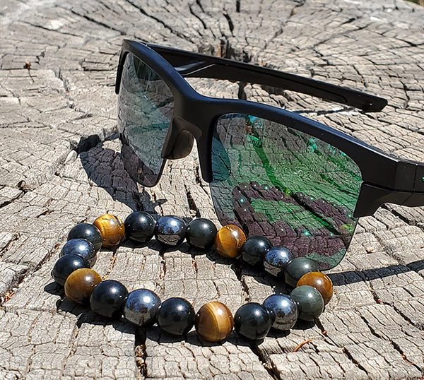 Unisex Wristband with Brown Tiger Eye, Hematite, & Black Obsidian