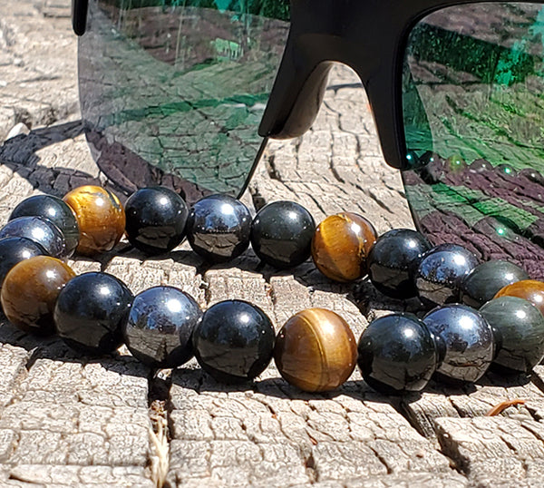 Unisex Wristband with Brown Tiger Eye, Hematite, & Black Obsidian