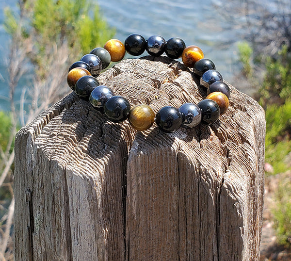 Unisex Wristband with Brown Tiger Eye, Hematite, & Black Obsidian